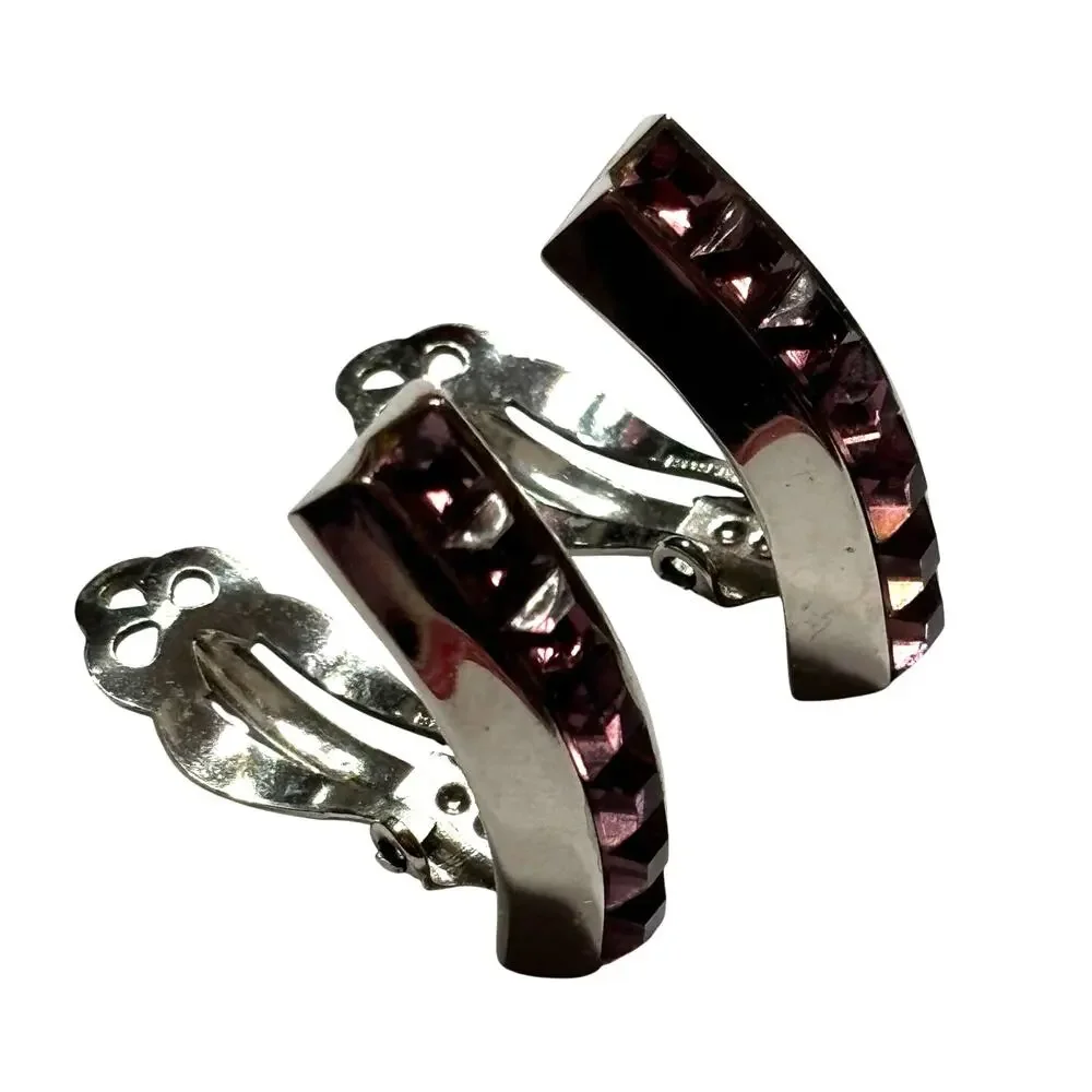 Whiting & Davis clip on earrings Silver & purple channel set rhinestones 1980's